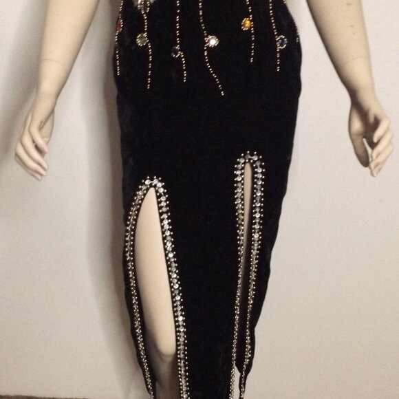 Embellished Black Velvet Gown w/ Floral Gemstones – Statement Dress (Small) - Picture 6 of 8